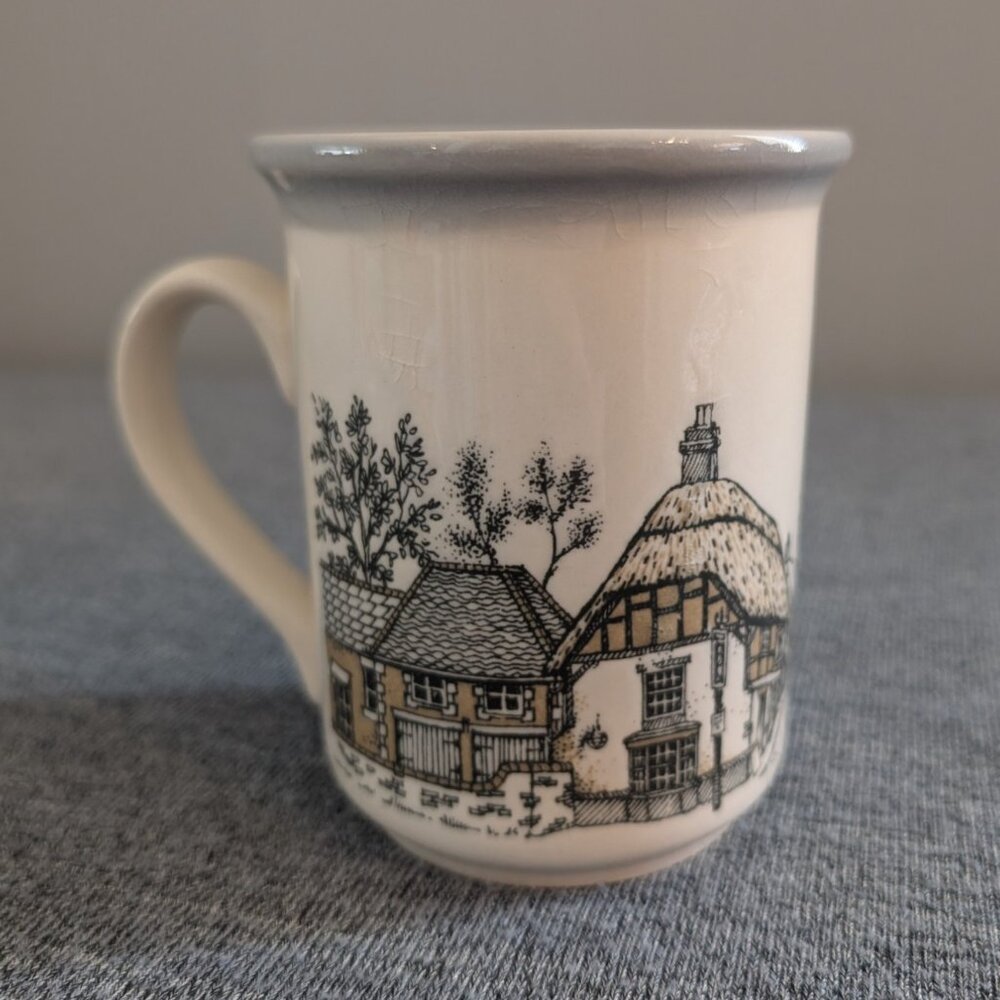 Biltons England Stoneware Mug, Village/Pub Scene with Gray Rim